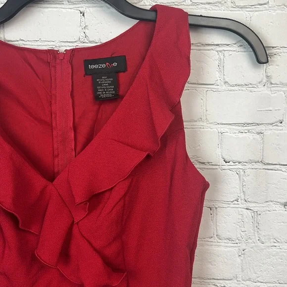 Teeze Me Red Ruffle Faux Wrap Dress Juniors Size 11/12 Prom Homecoming - Picture 3 of 6